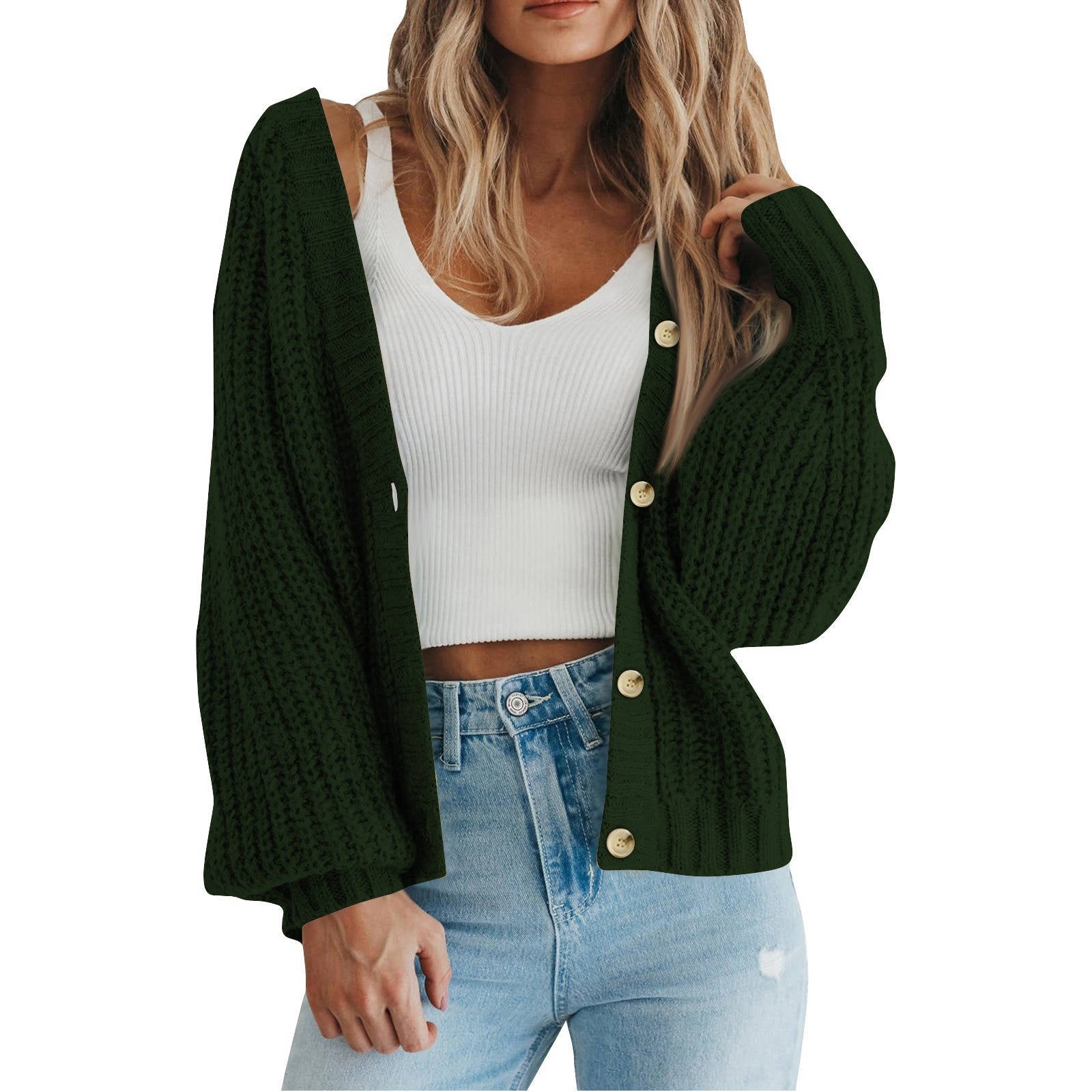 Women's Chunky Knit Open Front Sweater, Long Sleeve Button Loose Short Cardigan Outerwear Coat