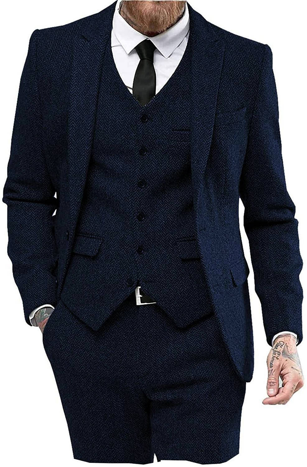 Men's 3 Piece Tweed Suit, Herringbone Blazer, Vest & Pants, Formal Business & Groom Outfit