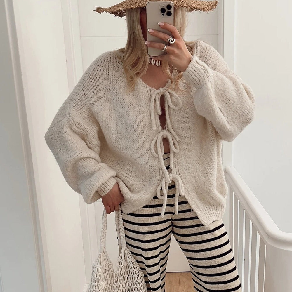Womens Tie Front Bow Cardigan Sweater, Cozy Chunky Knit Long Puff Sleeve Open Front Sweater Jacket
