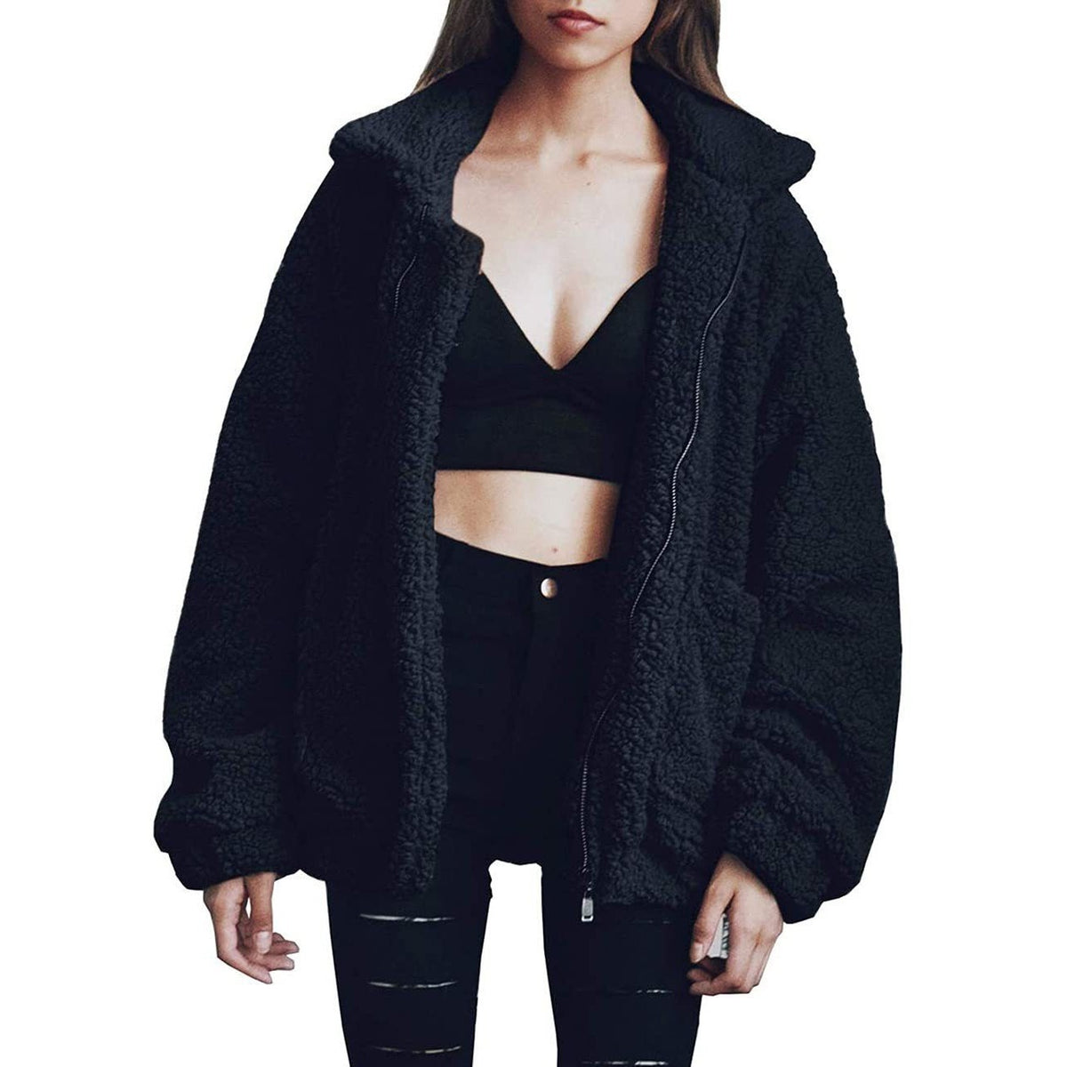 Womens Oversized Sherpa Fleece Coat, Warm Winter Outerwear
