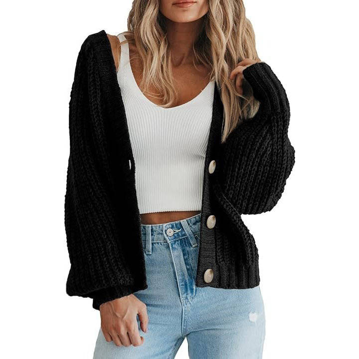 Women's Chunky Knit Open Front Sweater, Long Sleeve Button Loose Short Cardigan Outerwear Coat