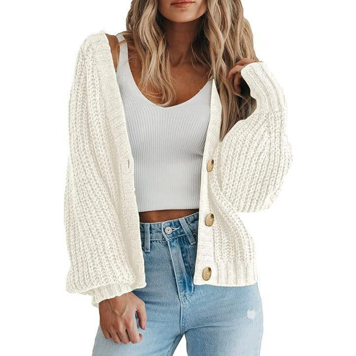 Women's Chunky Knit Open Front Sweater, Long Sleeve Button Loose Short Cardigan Outerwear Coat