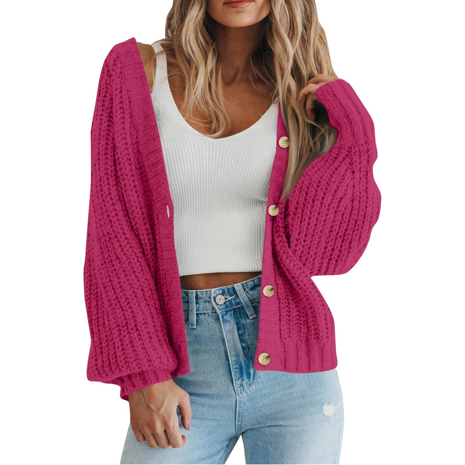 Women's Chunky Knit Open Front Sweater, Long Sleeve Button Loose Short Cardigan Outerwear Coat