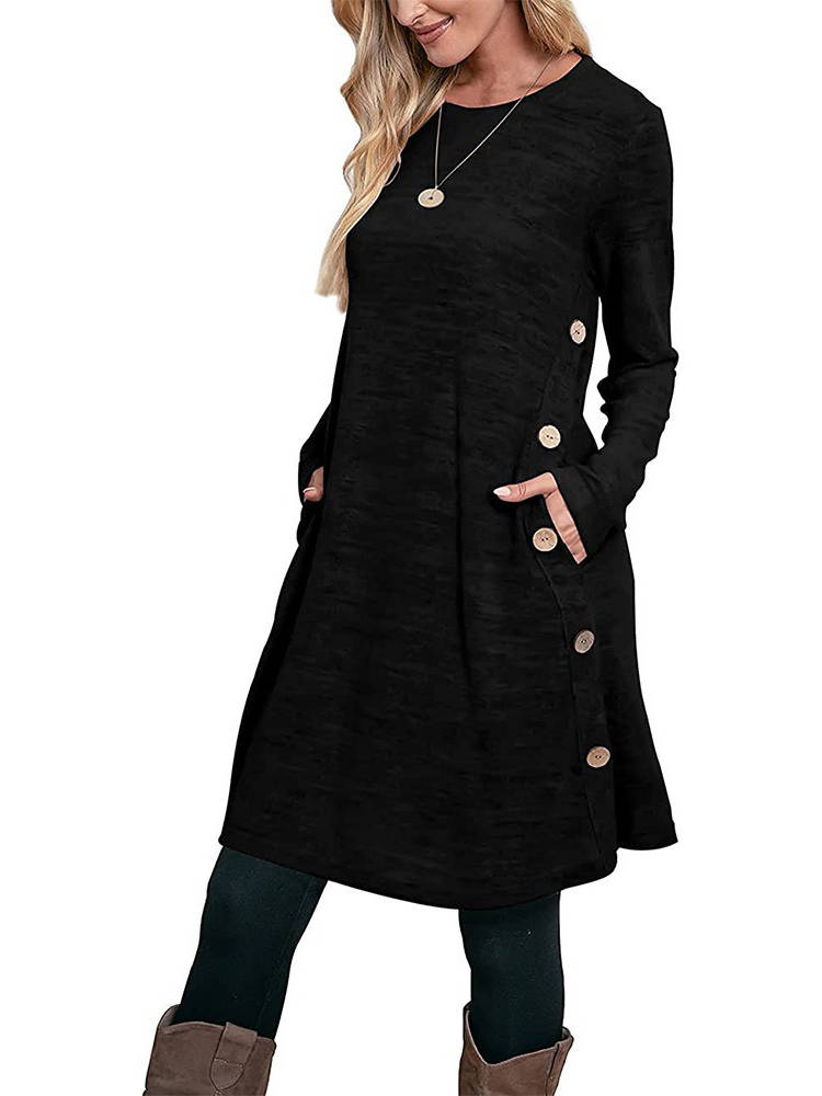 Womens Fall Dress, Crew Neck Long Sleeve Dress, Casual Midi Dress with Pockets