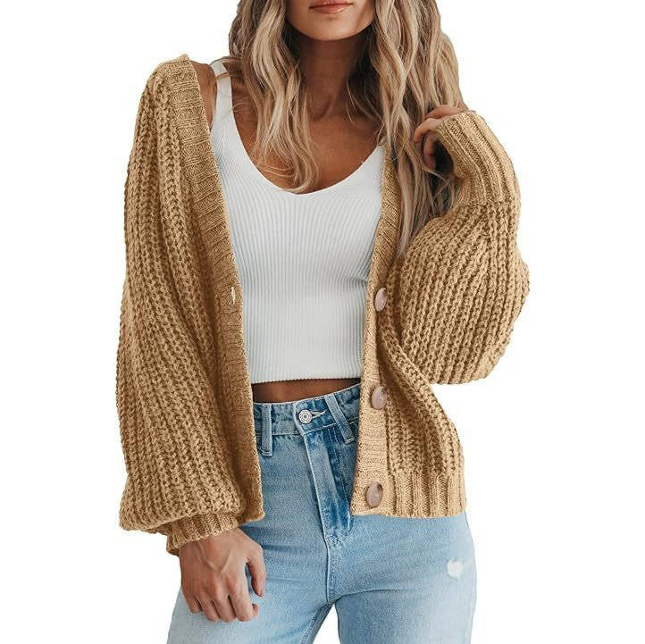Women's Chunky Knit Open Front Sweater, Long Sleeve Button Loose Short Cardigan Outerwear Coat