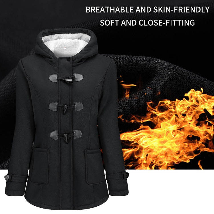 Womens Sherpa Lined Winter Jacket, Hooded Fleece Duffle Coat with Toggle Closure