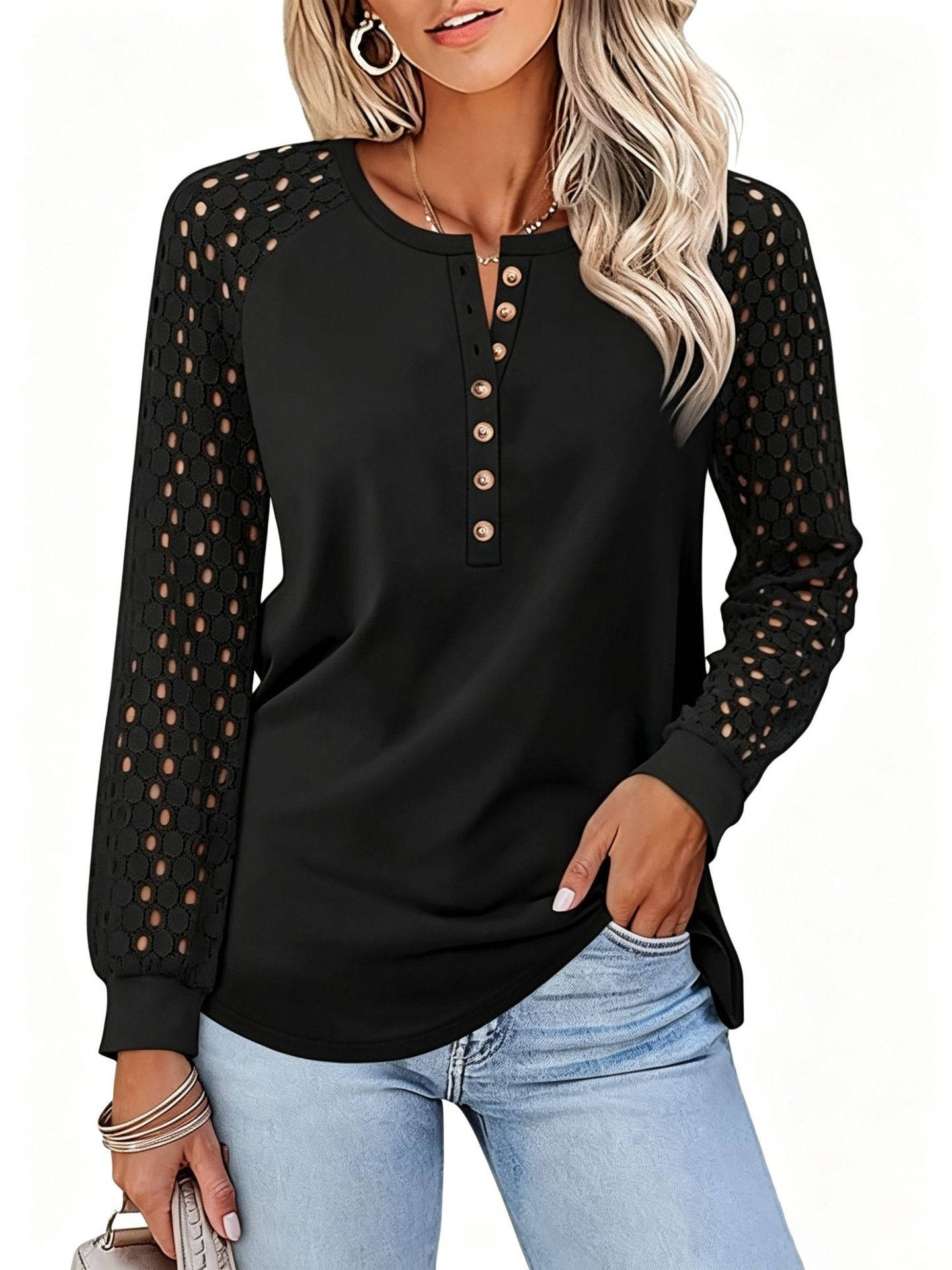 Women's Lace Long Sleeve Tops, Henley Shirts, Casual Blouses, T-Shirts, Fall Clothes