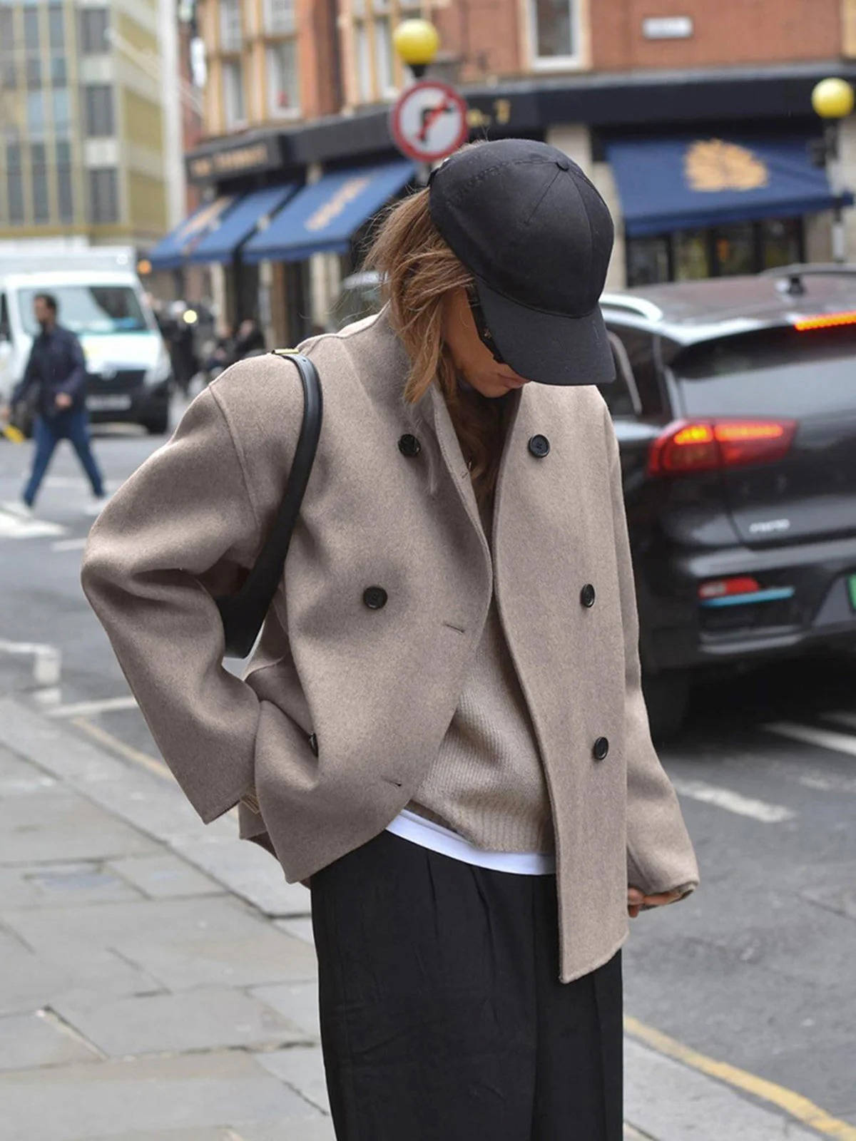 Cropped Wool Blend Peacoat with Double Breasted Closure and Stand Collar