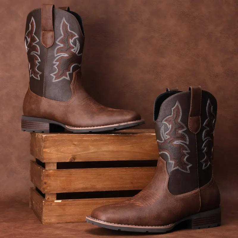 Mens Cowboy Boots, Western Boots with Embroidered Design, Slip Resistant Square Toe Chunky Heel Ankle Boots