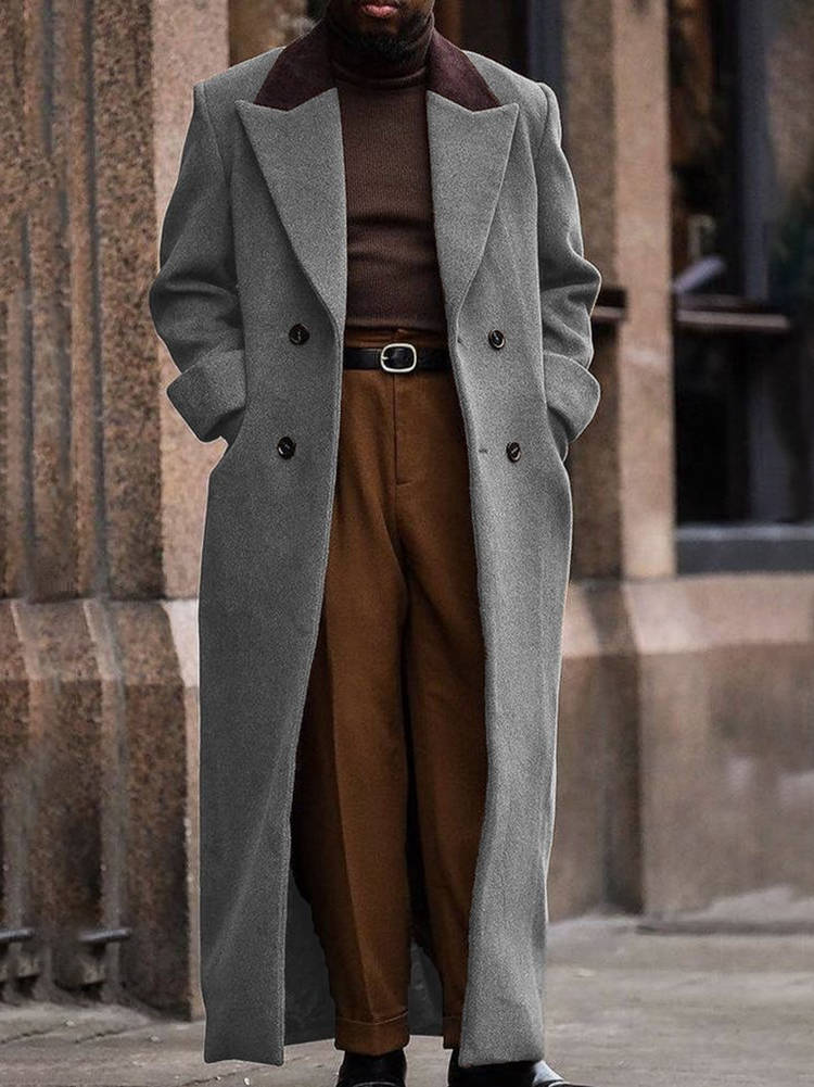 Mens Long Trench Coat, Full Length Double Breasted Overcoat, Classic Winter Coat