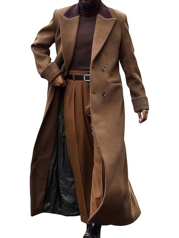 Mens Long Trench Coat, Full Length Double Breasted Overcoat, Classic Winter Coat