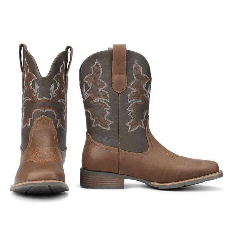 Mens Cowboy Boots, Western Boots with Embroidered Design, Slip Resistant Square Toe Chunky Heel Ankle Boots