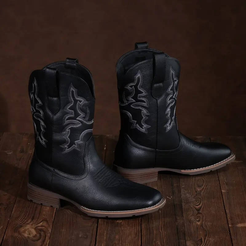 Mens Cowboy Boots, Western Boots with Embroidered Design, Slip Resistant Square Toe Chunky Heel Ankle Boots