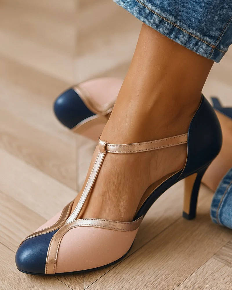 T Strap Heels with Padded Footbed and Ankle Strap, Square Heel
