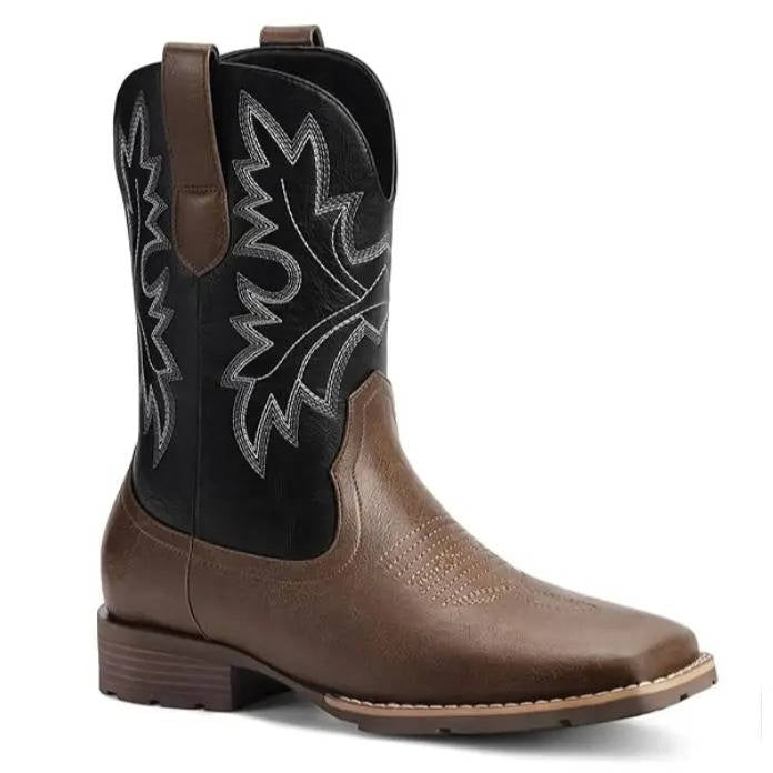 Mens Cowboy Boots, Western Boots with Embroidered Design, Slip Resistant Square Toe Chunky Heel Ankle Boots