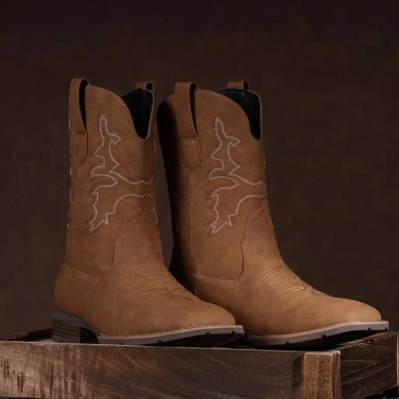 Mens Cowboy Boots, Western Boots with Embroidered Design, Slip Resistant Square Toe Chunky Heel Ankle Boots