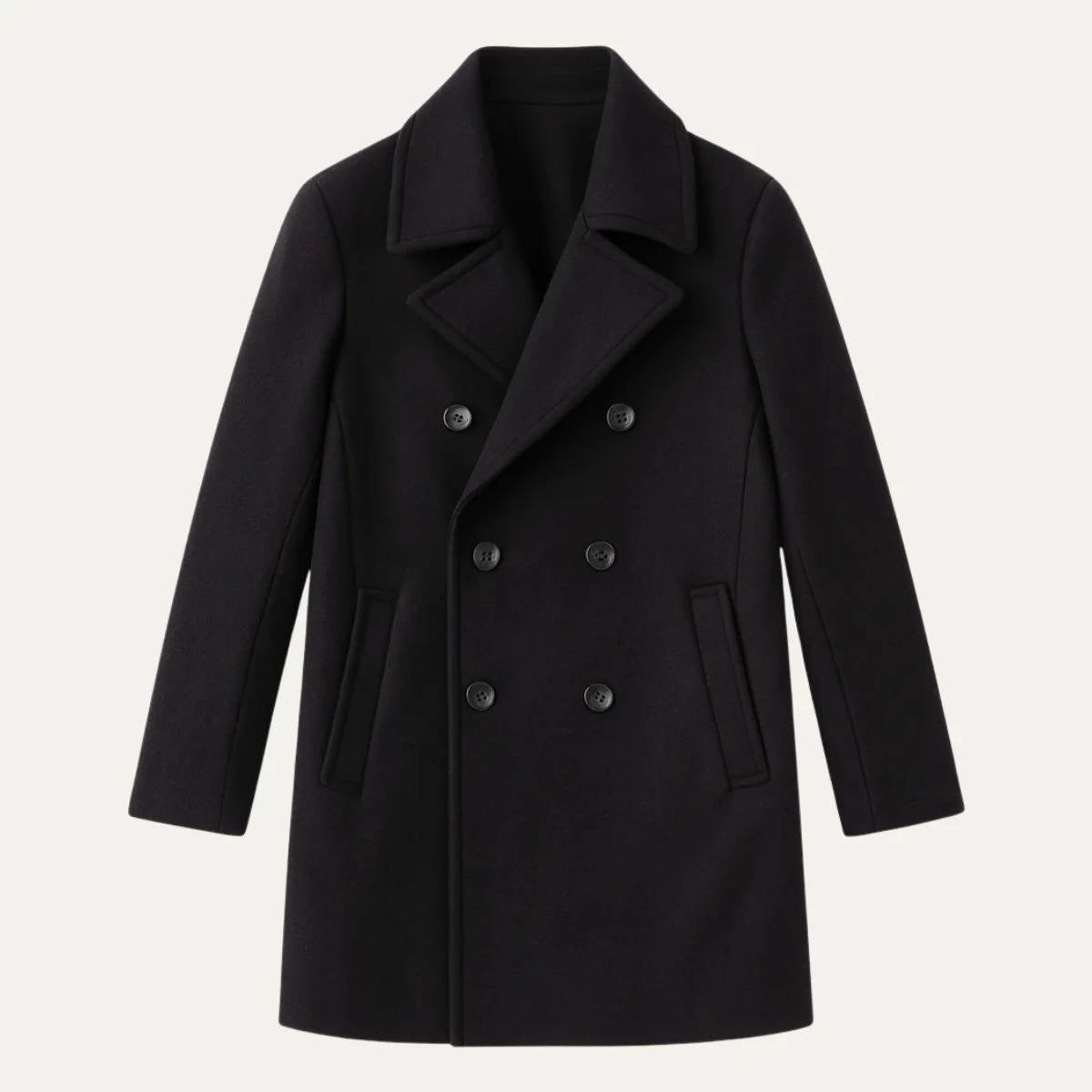 Men's Black Wool Peacoat, Double Breasted, Warm Winter Coat, Classic Button Front Jacket