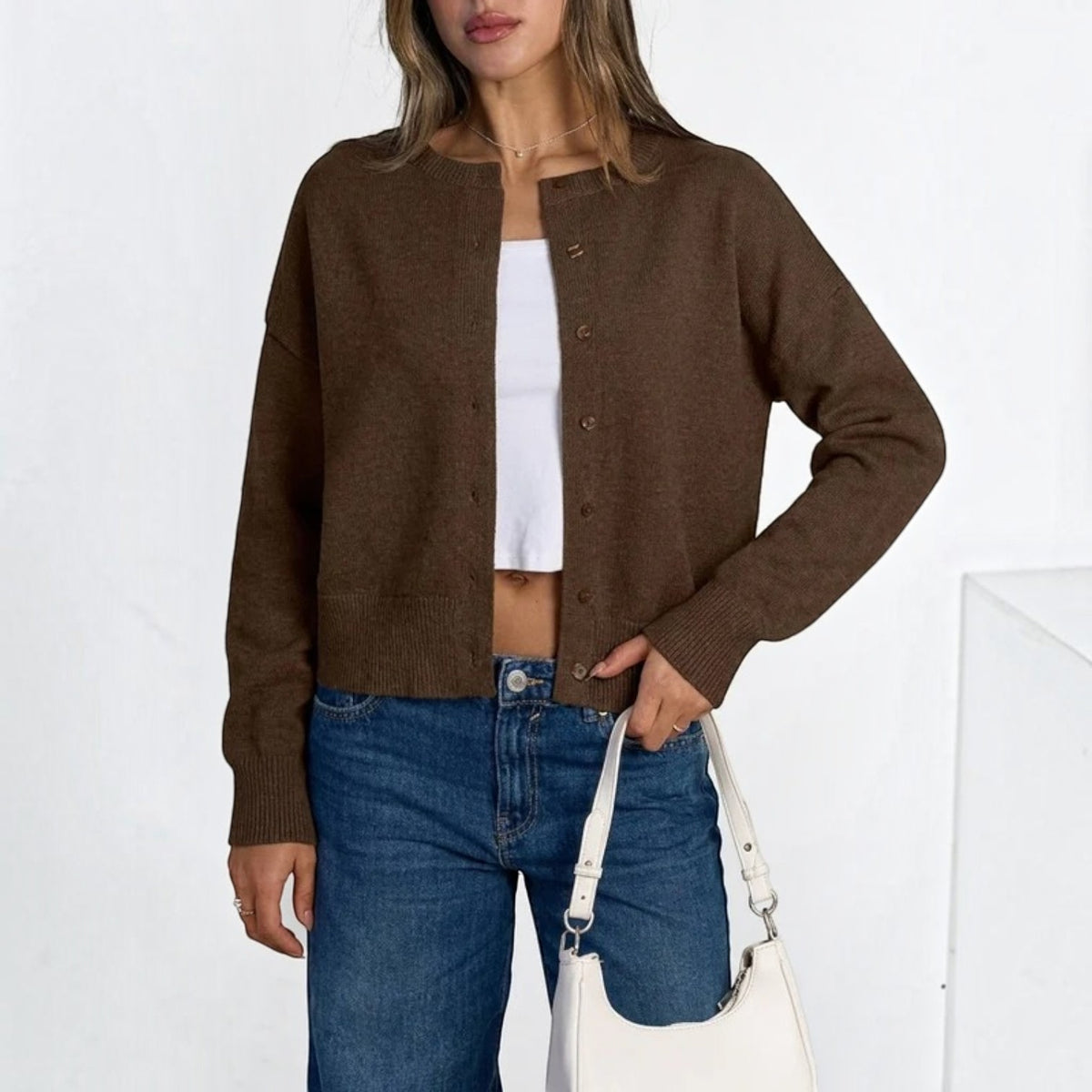 Womens Cropped Button Down Cardigan - Lightweight Knit Sweater