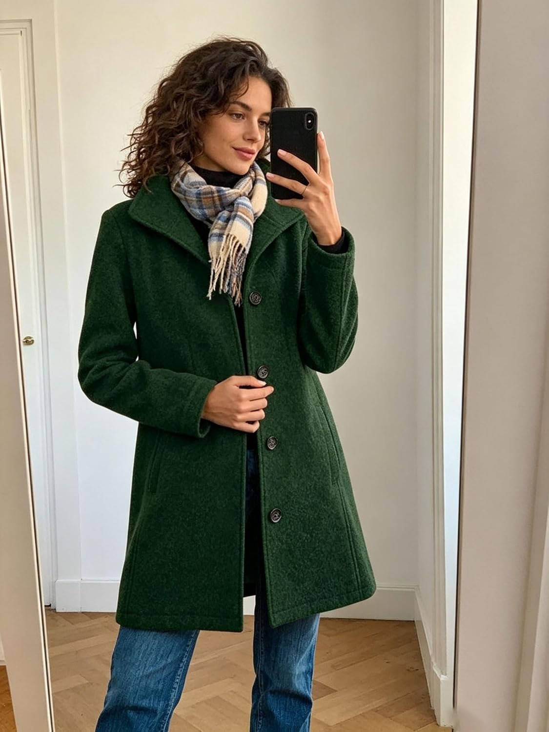 Women's Wool Blend Pea Coat, Thick Stand Collar, Single Breasted Winter Jacket