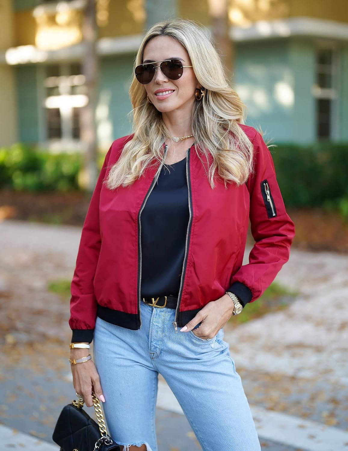 Womens Bomber Jacket, Zip Up Casual Coat with Pockets, Spring Fall Outerwear
