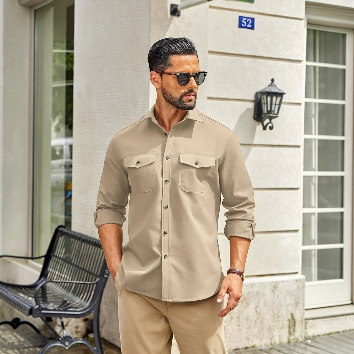 Mens Long Sleeve Button Down Work Shirt, Casual Workwear Shirt with Flap Pockets
