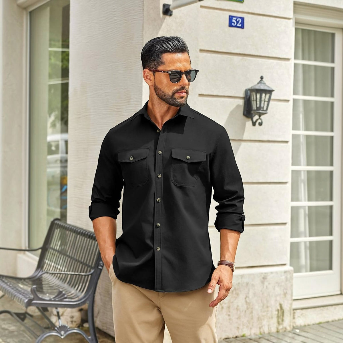 Mens Long Sleeve Button Down Work Shirt, Casual Workwear Shirt with Flap Pockets