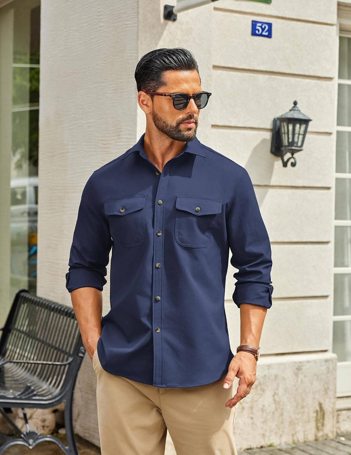 Mens Long Sleeve Button Down Work Shirt, Casual Workwear Shirt with Flap Pockets