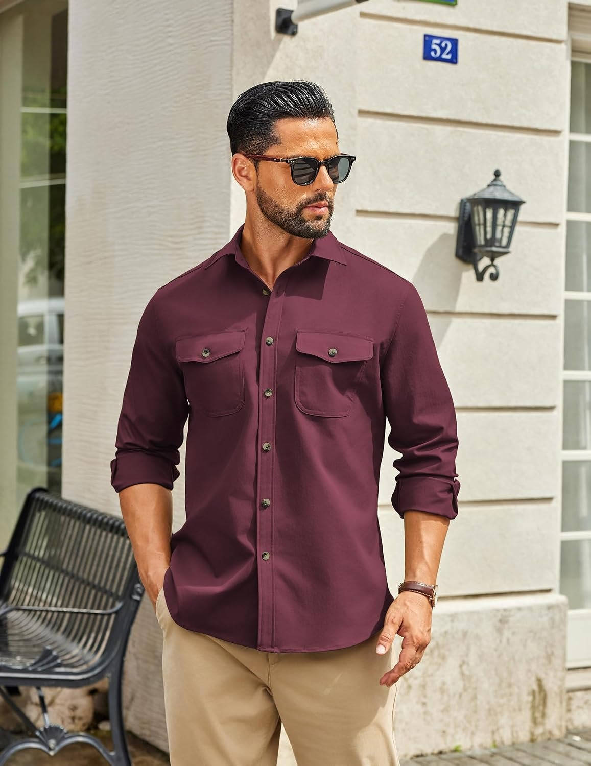 Mens Long Sleeve Button Down Work Shirt, Casual Workwear Shirt with Flap Pockets
