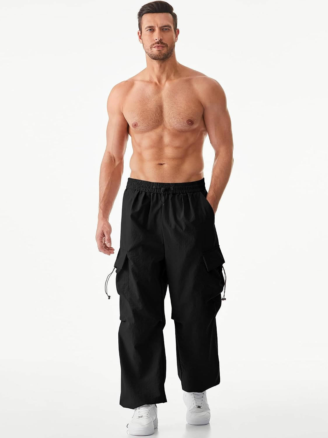 Mens Cargo Pants, Loose Fit Baggy Parachute Pants, Drawstring Waist Casual Trousers