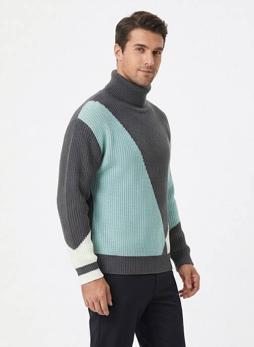 Ribbed Block Turtleneck Knit Sweater