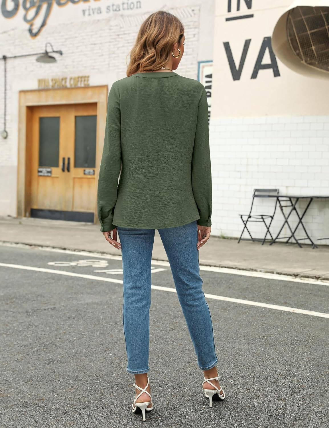 Womens Long Sleeve V-Neck Pleated Blouse - Business Casual Work Top
