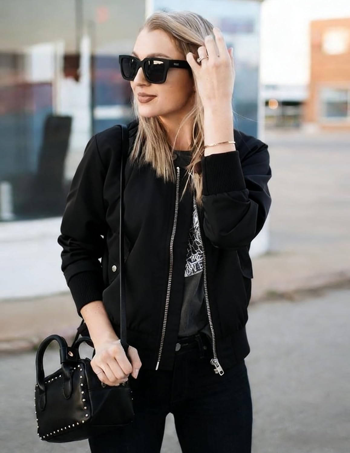 Womens Bomber Jacket, Zip Up Casual Coat with Pockets, Spring Fall Outerwear