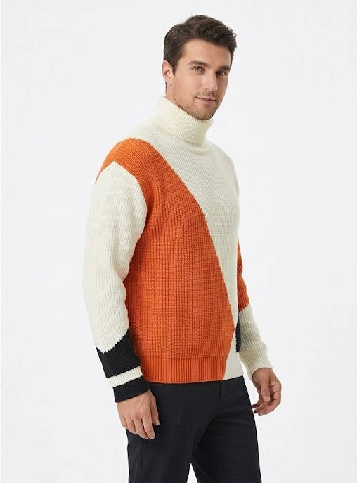 Ribbed Block Turtleneck Knit Sweater