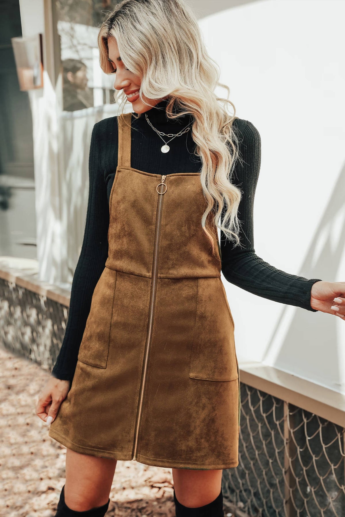 Womens Faux Suede Mini Fall Dress, Square Neck Wide Strap Casual Autumn Dress with Front Pockets