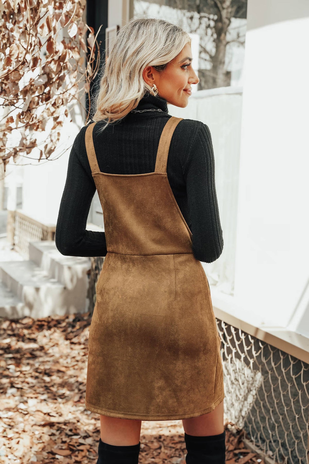 Womens Faux Suede Mini Fall Dress, Square Neck Wide Strap Casual Autumn Dress with Front Pockets