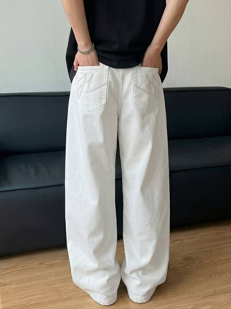Mens Beige Wide Leg Jeans, Loose Fit Baggy Denim, Hip Hop Streetwear Pants with Pockets