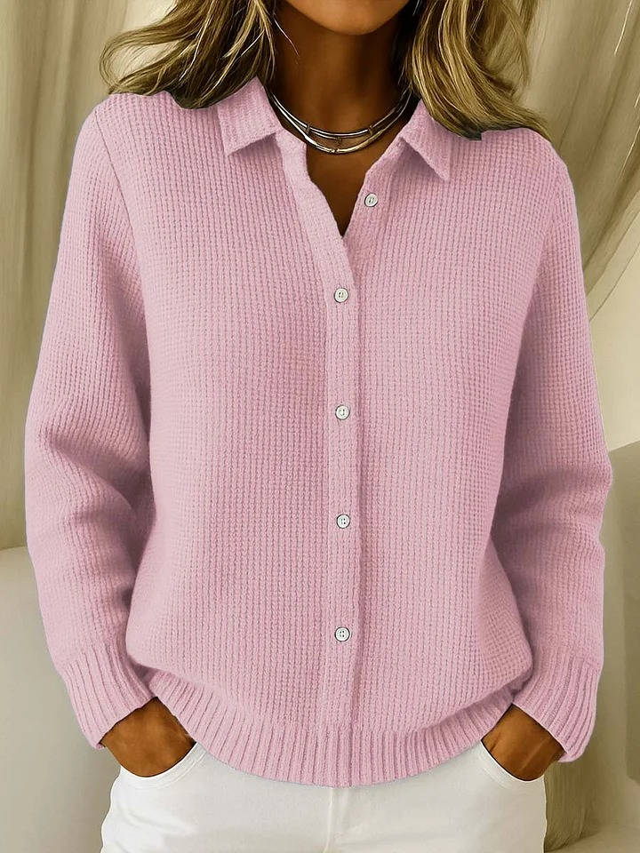 Womens Waffle Knit Sweater, Long Sleeve Collared Button Down Cardigan, Casual Loose Fit Top