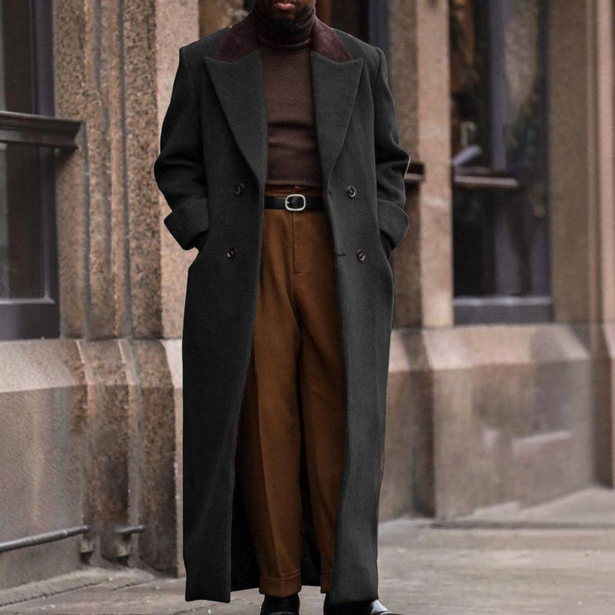 Mens Long Trench Coat, Full Length Double Breasted Overcoat, Classic Winter Coat