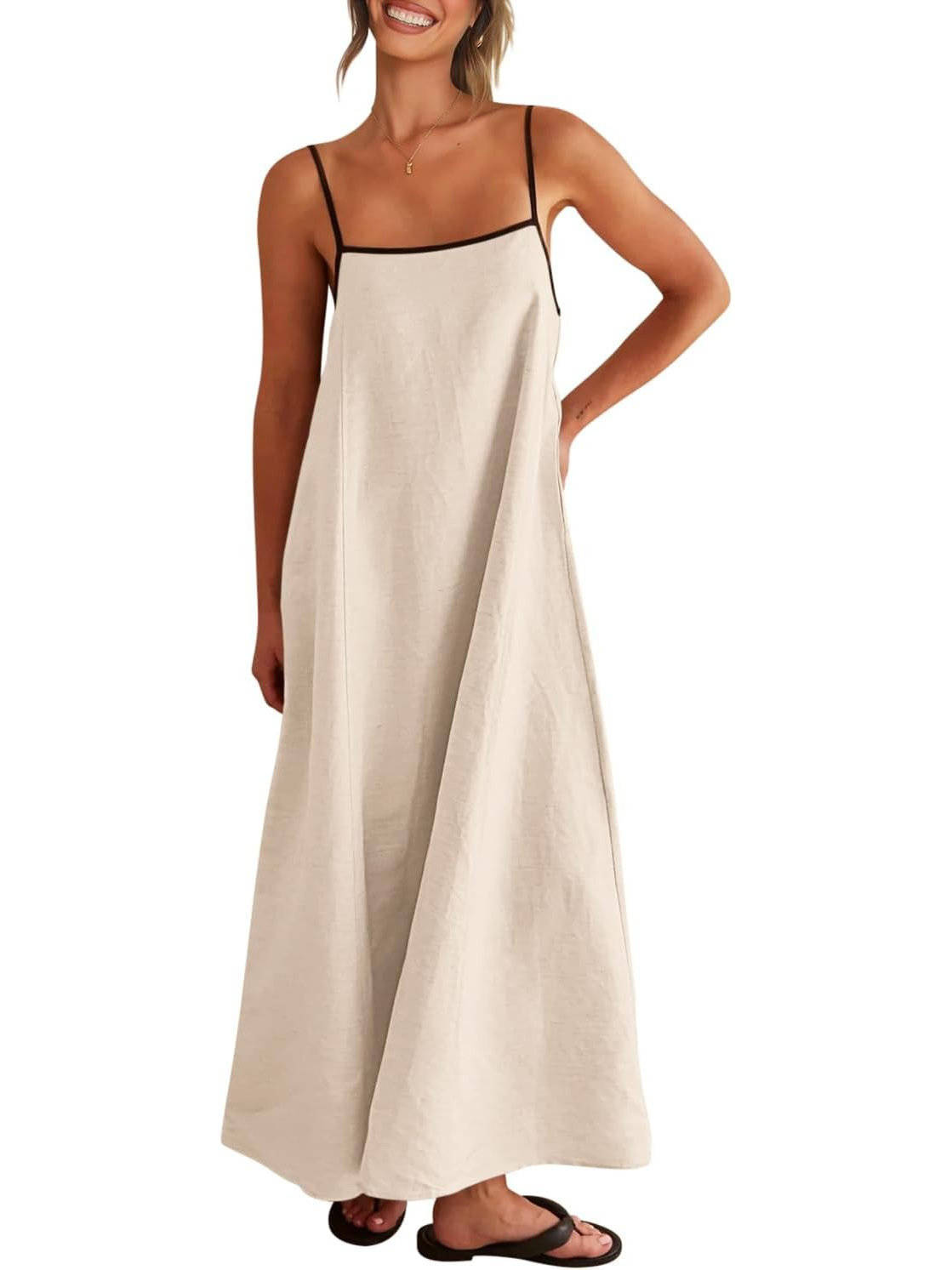 Womens Linen Maxi Dress, Contrast Spaghetti Strap Backless Summer Beach Dress