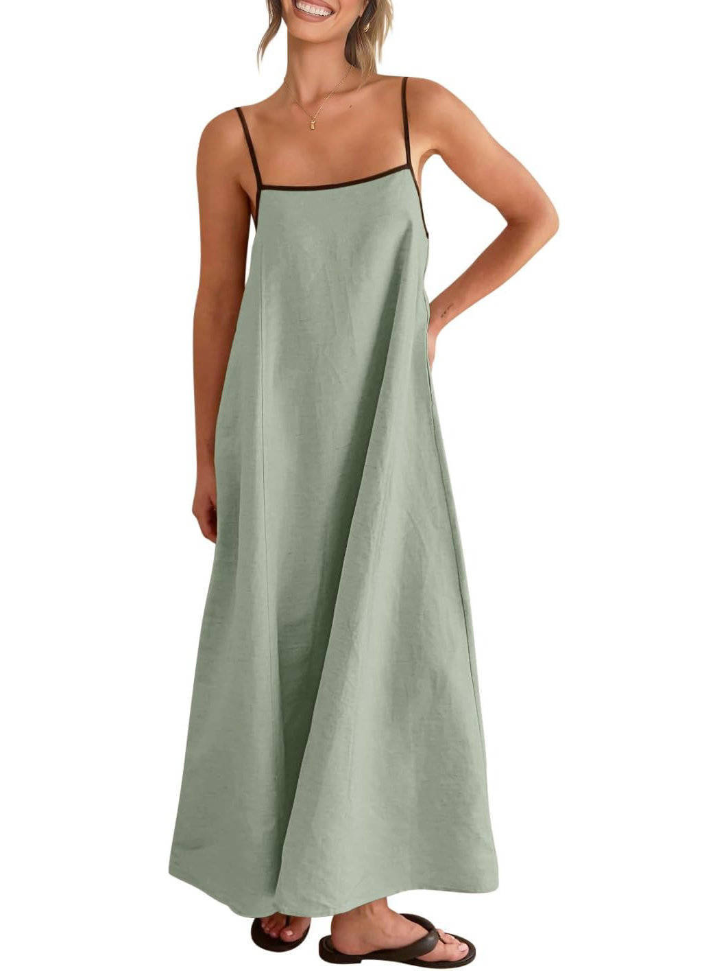 Womens Linen Maxi Dress, Contrast Spaghetti Strap Backless Summer Beach Dress
