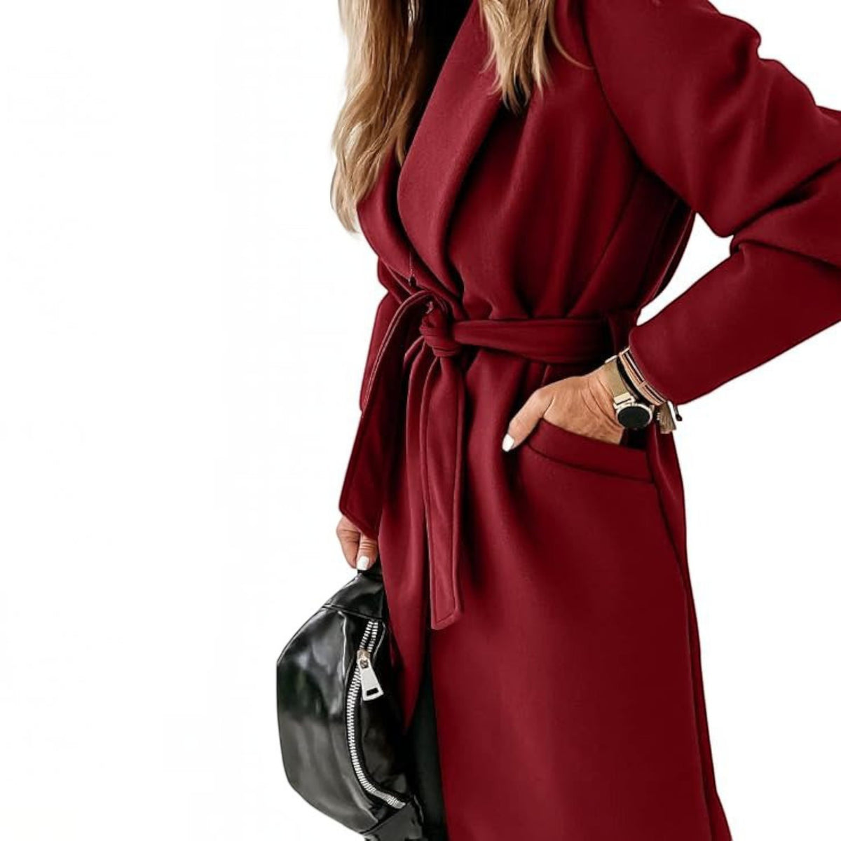 Womens Classic Long Coat, Lapel Collar Open Front Belted Jacket for Fall Winter