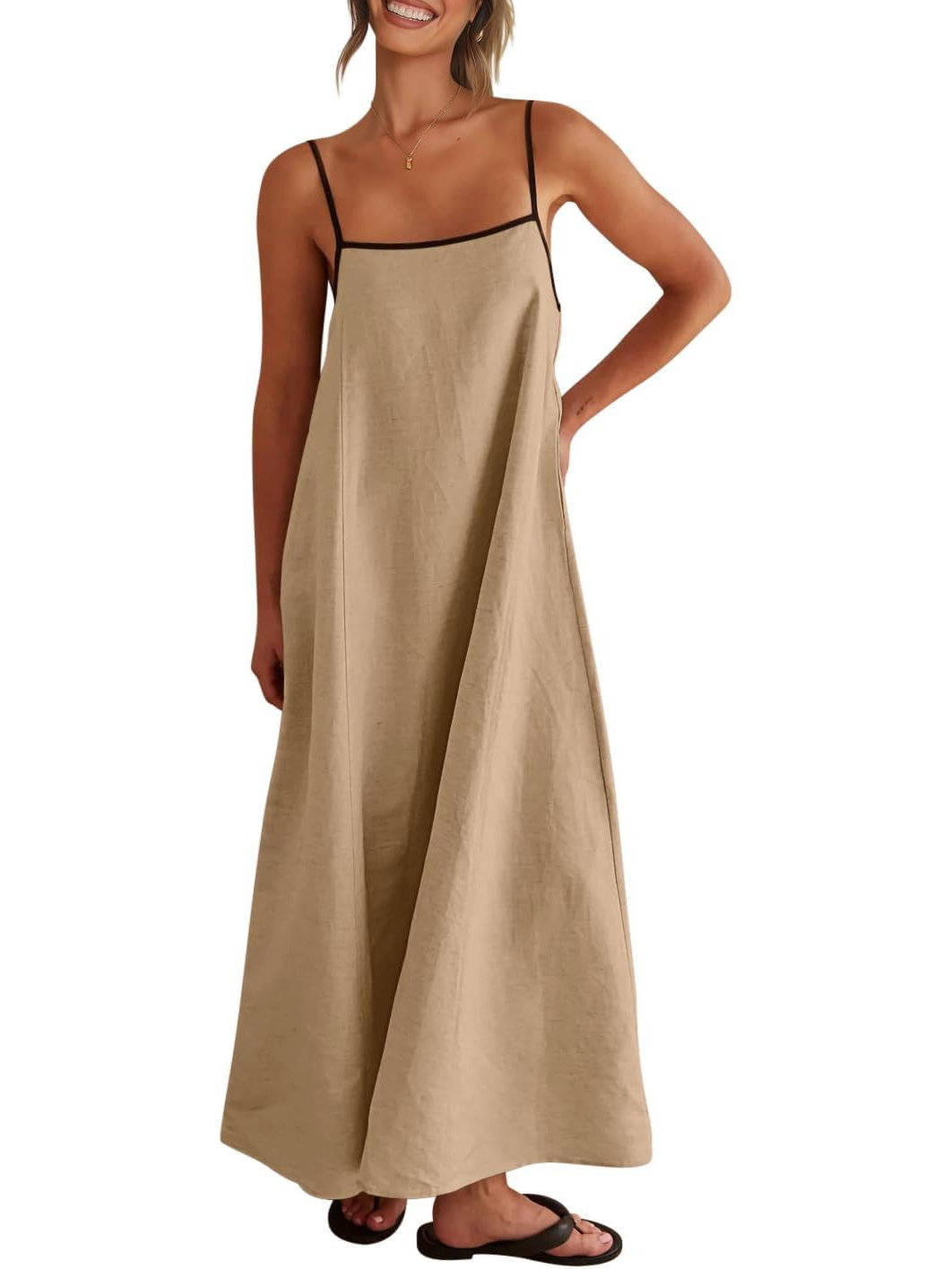 Womens Linen Maxi Dress, Contrast Spaghetti Strap Backless Summer Beach Dress