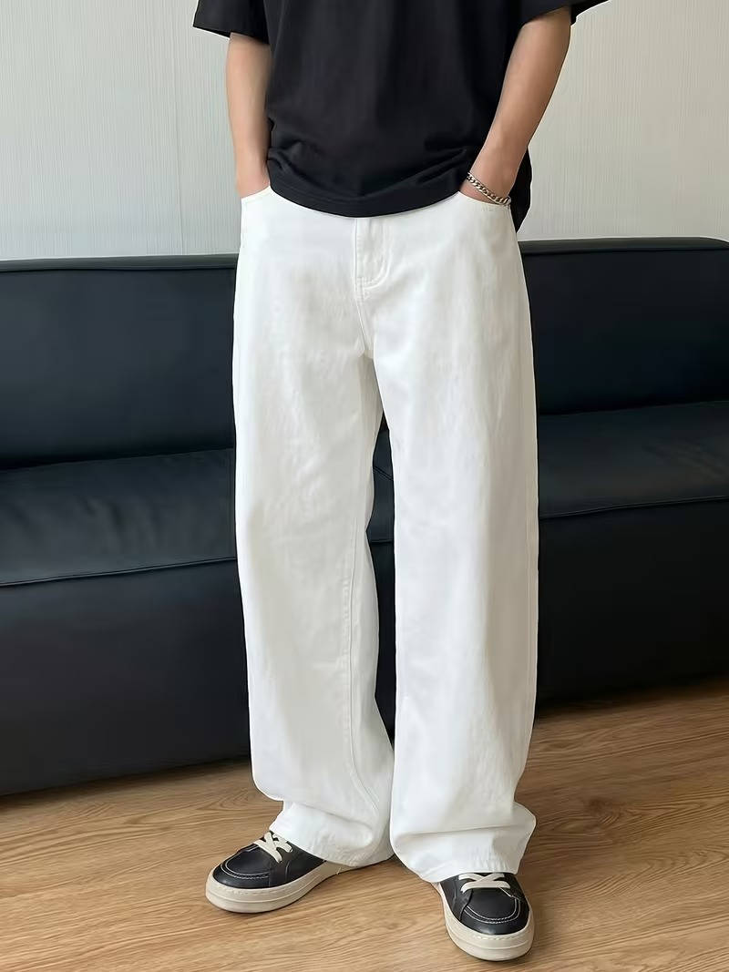 Mens Beige Wide Leg Jeans, Loose Fit Baggy Denim, Hip Hop Streetwear Pants with Pockets