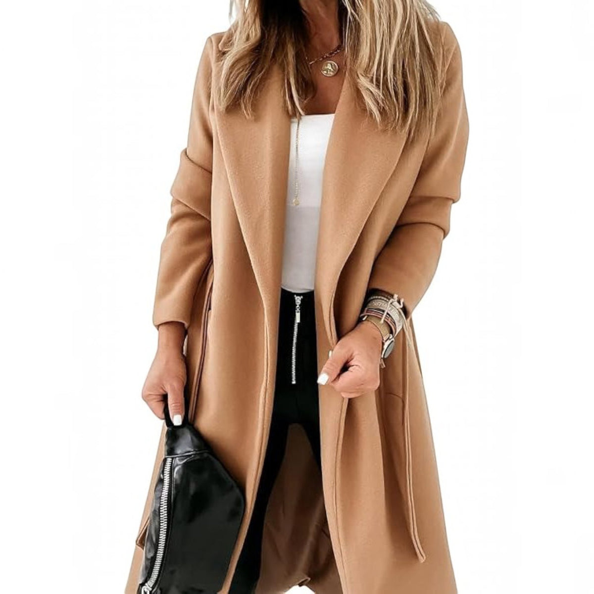 Womens Classic Long Coat, Lapel Collar Open Front Belted Jacket for Fall Winter