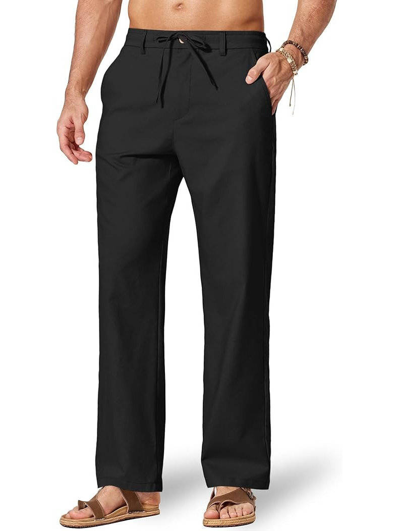 Mens Cotton Linen Pants, Relaxed Fit Drawstring Beach Summer Dress Trousers