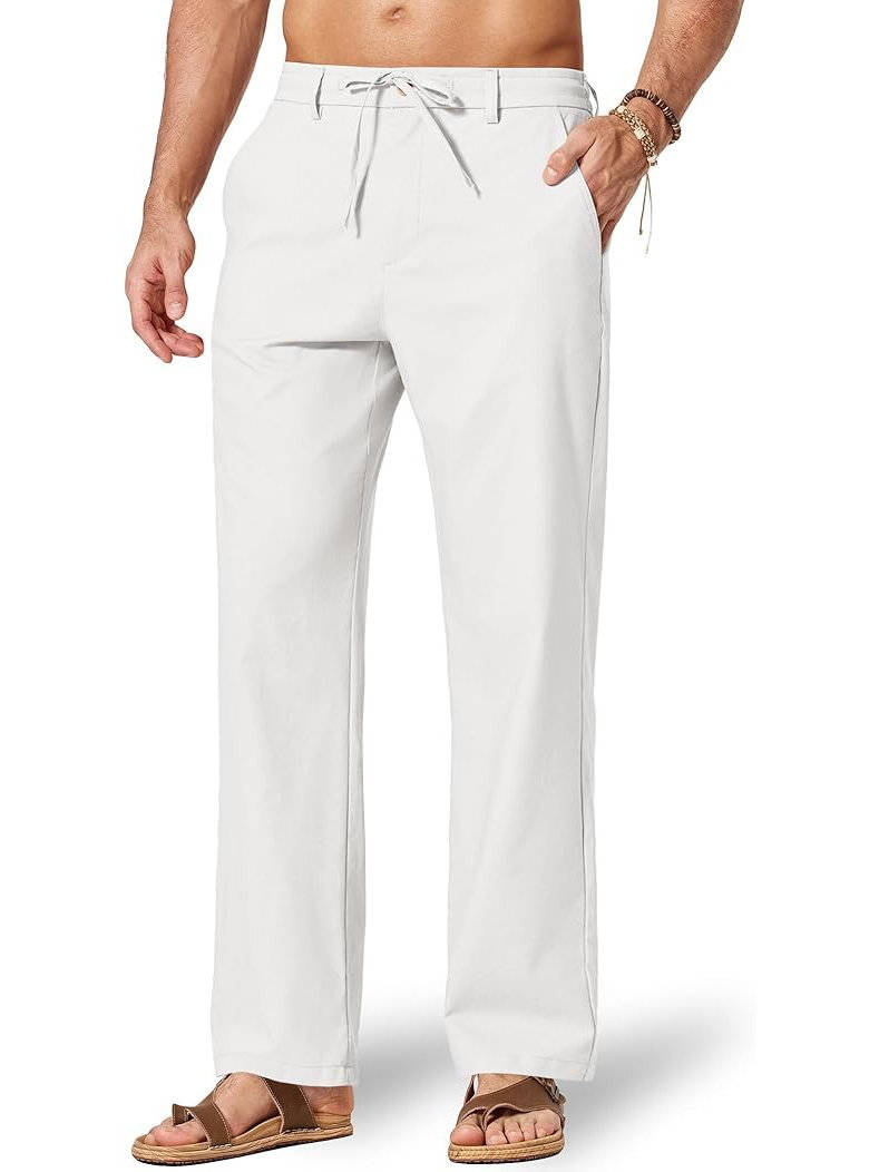 Mens Cotton Linen Pants, Relaxed Fit Drawstring Beach Summer Dress Trousers