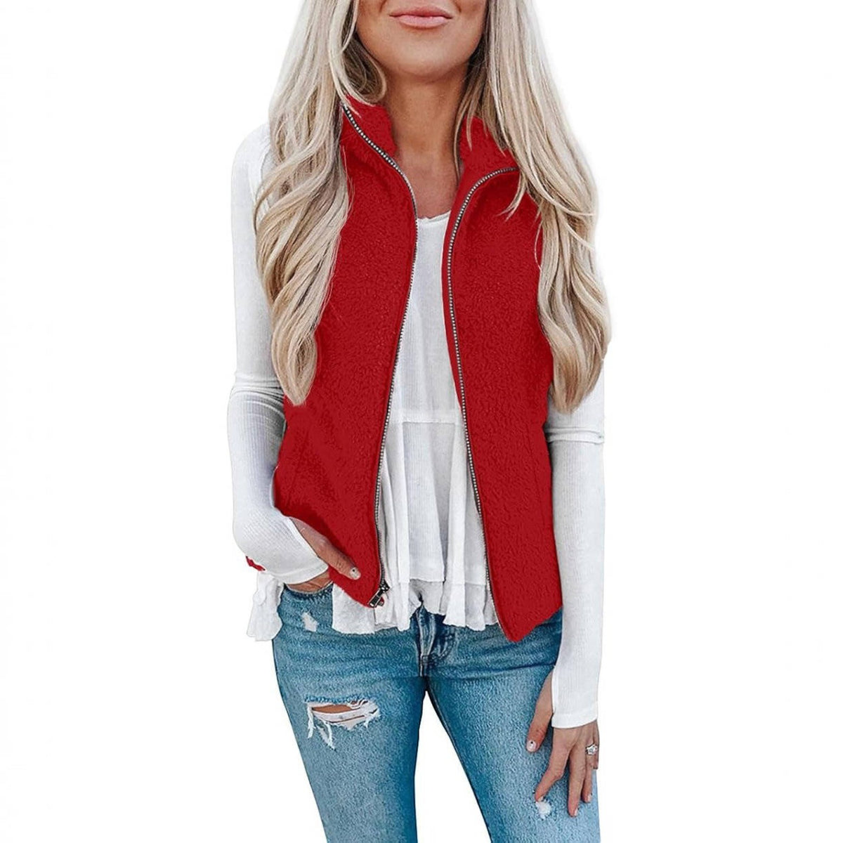 Womens Sherpa Fleece Vest, Fuzzy Lightweight Sleeveless Zipper Jacket with Pockets