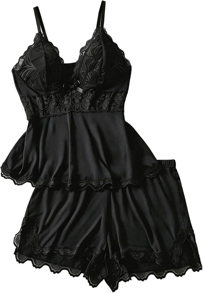 Womens Lace Cami Top and Shorts Pajama Set, Bow Decor Spaghetti Strap Camisole with Adjustable Straps and Elastic Waist Shorts, All Season Sleepwear