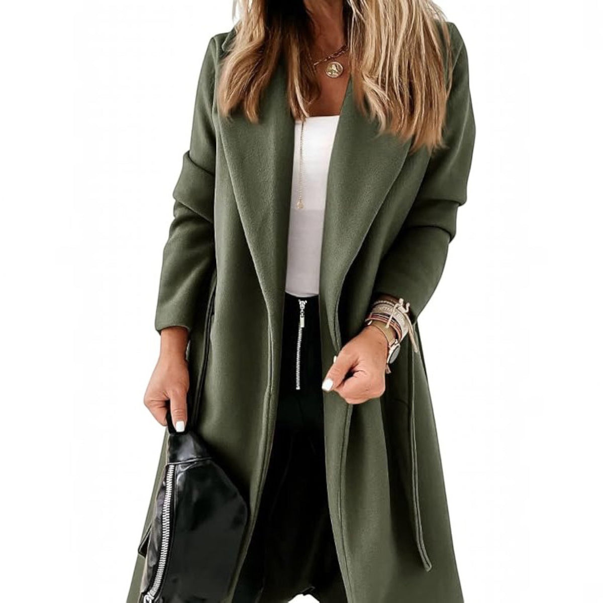 Womens Classic Long Coat, Lapel Collar Open Front Belted Jacket for Fall Winter