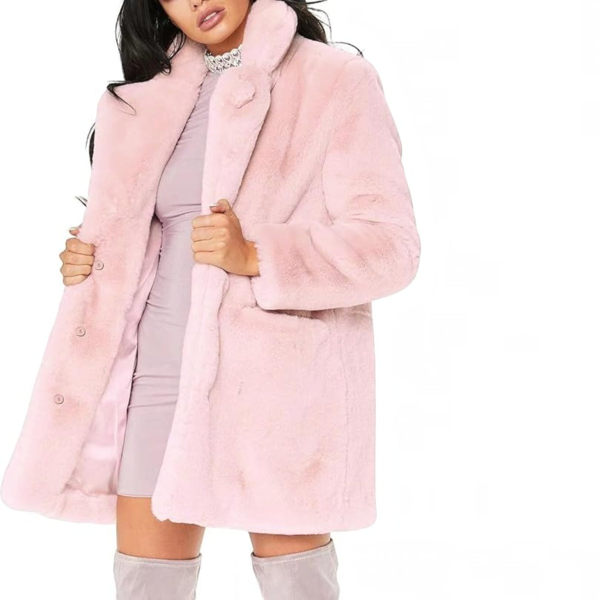Womens Faux Fur Winter Coat, Warm Lapel Collar Lined Button Front Jacket